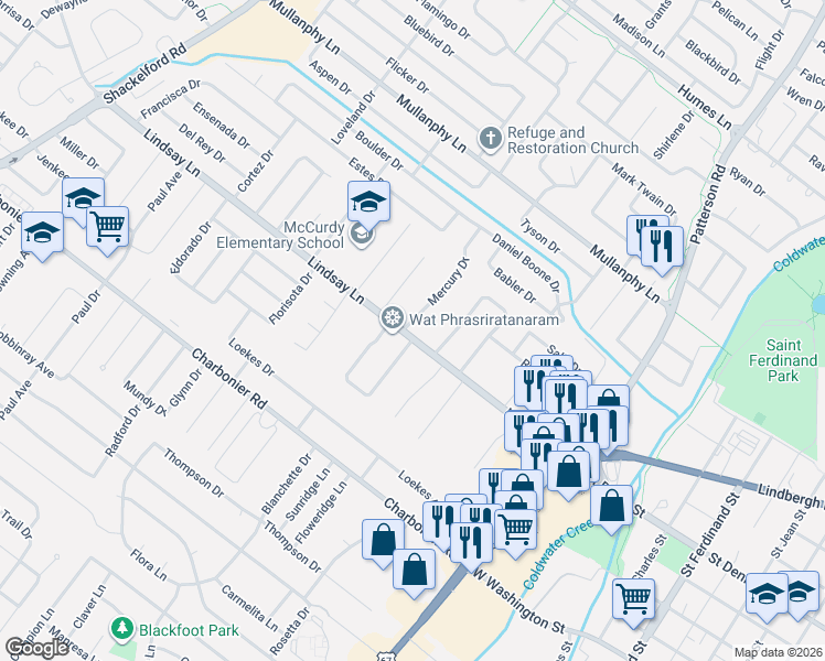 map of restaurants, bars, coffee shops, grocery stores, and more near 2 Mercury Drive in Florissant