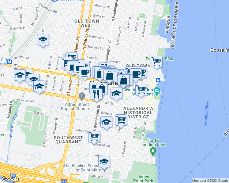 map of restaurants, bars, coffee shops, grocery stores, and more near 202 South Saint Asaph Street in Alexandria