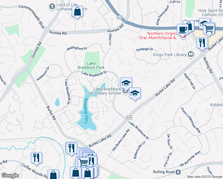 map of restaurants, bars, coffee shops, grocery stores, and more near 5412 Mersea Court in Burke
