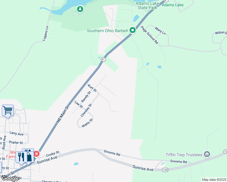 map of restaurants, bars, coffee shops, grocery stores, and more near 166 Ballard Street in West Union
