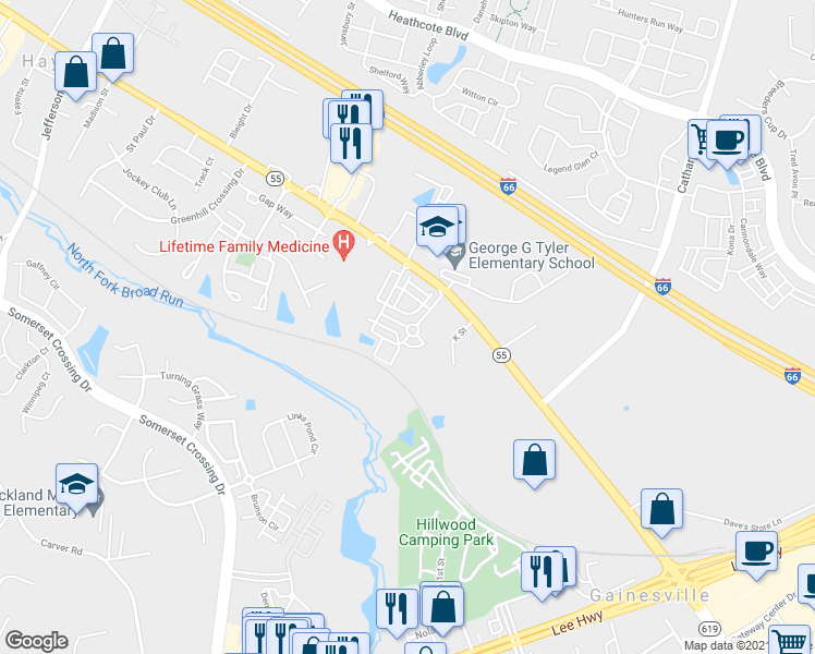 map of restaurants, bars, coffee shops, grocery stores, and more near 14555 Marlow Street in Gainesville