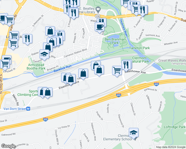map of restaurants, bars, coffee shops, grocery stores, and more near 4875 Eisenhower Avenue in Alexandria