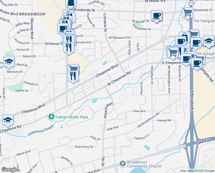 map of restaurants, bars, coffee shops, grocery stores, and more near 506 West Cheyenne Road in Colorado Springs