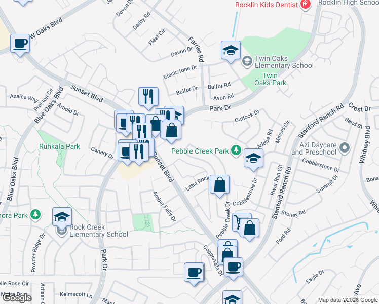 map of restaurants, bars, coffee shops, grocery stores, and more near 3024 Strand Road in Rocklin