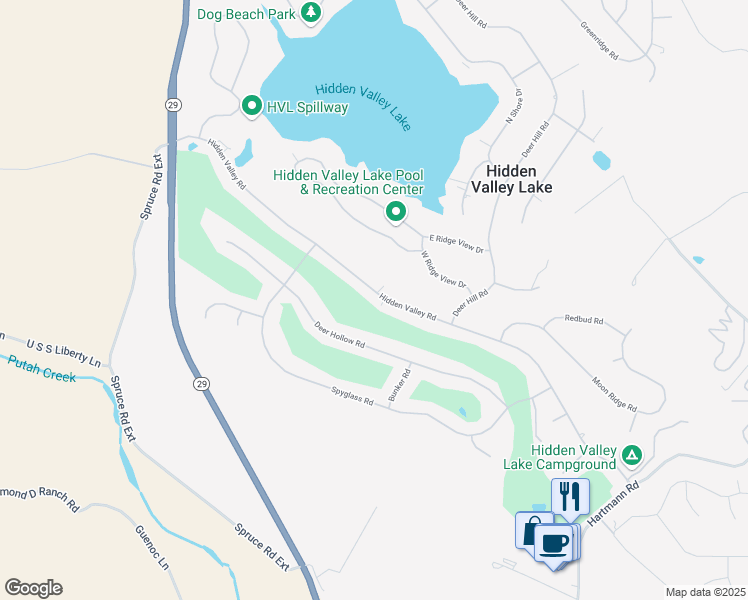 map of restaurants, bars, coffee shops, grocery stores, and more near 18579 Hidden Valley Road in Hidden Valley Lake
