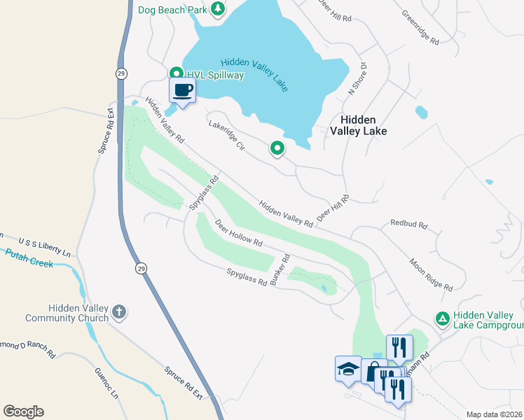 map of restaurants, bars, coffee shops, grocery stores, and more near 18621 Hidden Valley Road in Hidden Valley Lake