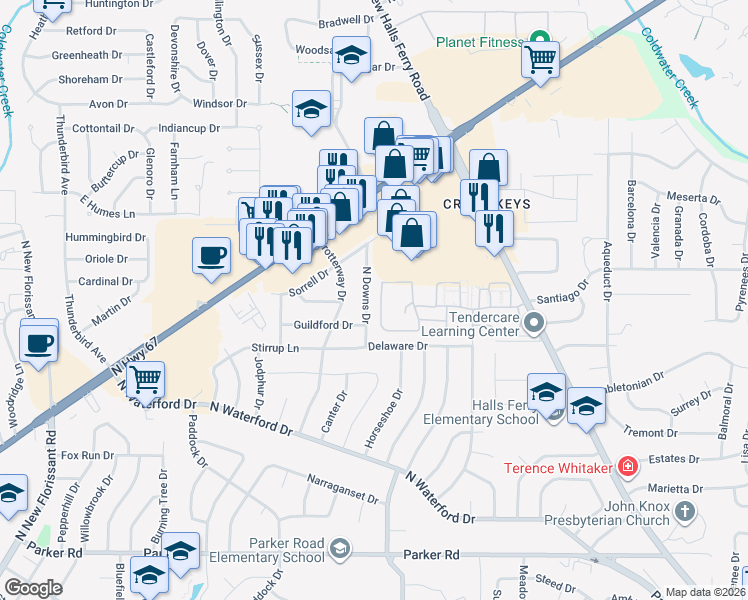 map of restaurants, bars, coffee shops, grocery stores, and more near 1870 Nottinghill Row in Florissant