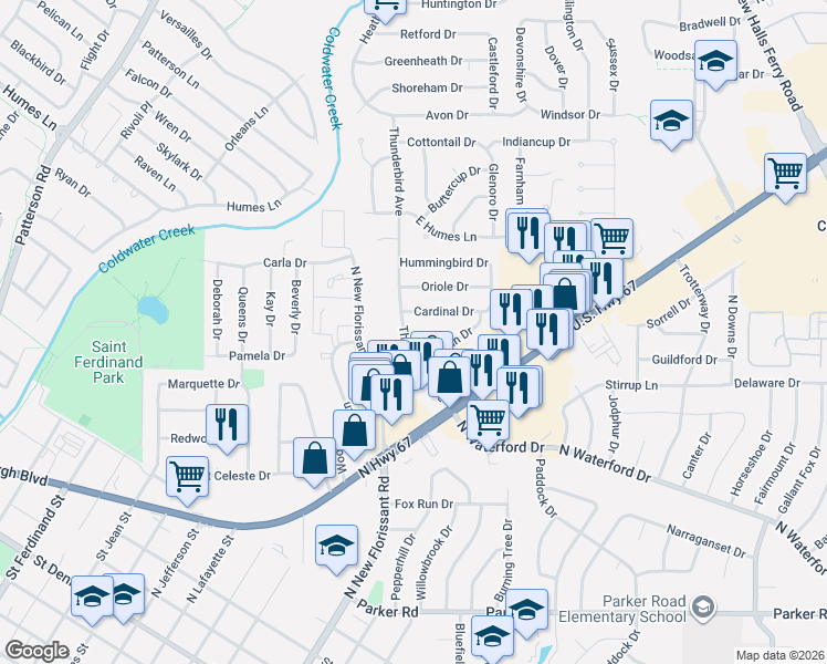 map of restaurants, bars, coffee shops, grocery stores, and more near 1920 Thunderbird Avenue in Florissant