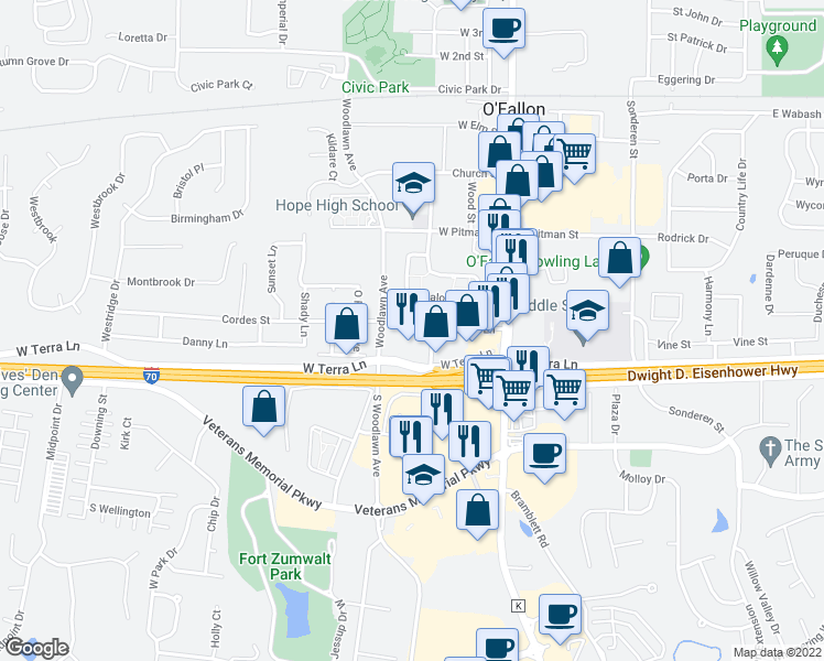 map of restaurants, bars, coffee shops, grocery stores, and more near 609 School Street in O'Fallon