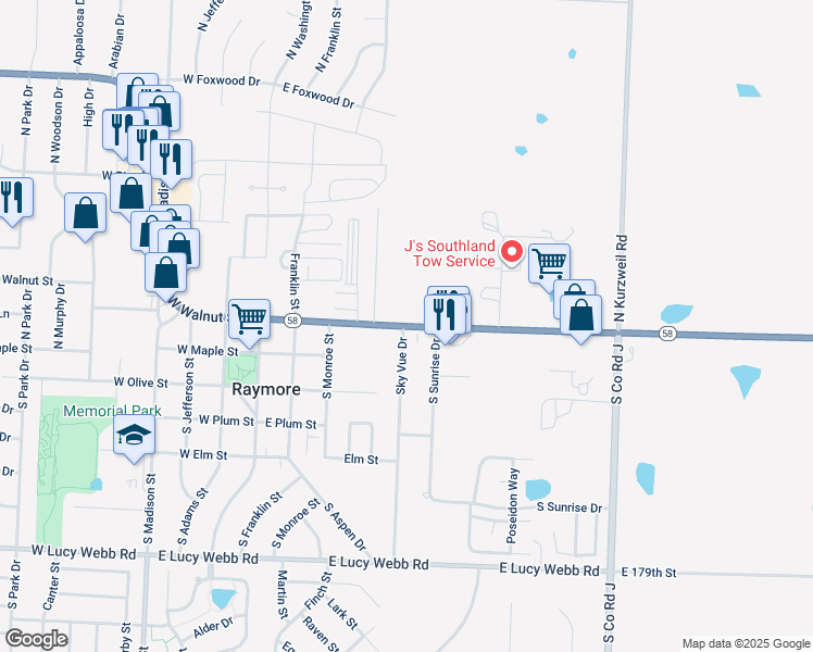 map of restaurants, bars, coffee shops, grocery stores, and more near 309 East Walnut Street in Raymore