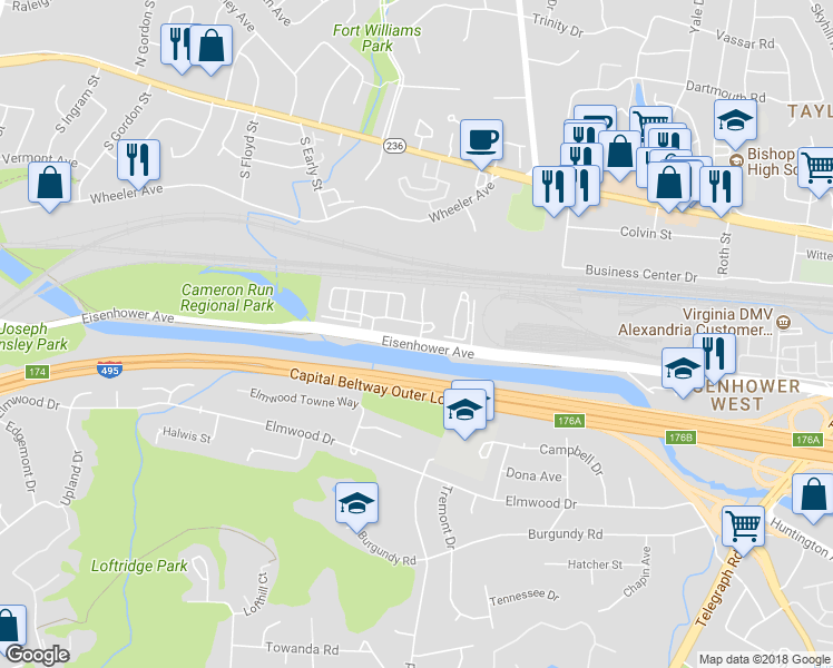 map of restaurants, bars, coffee shops, grocery stores, and more near 3801 Eisenhower Avenue in Alexandria