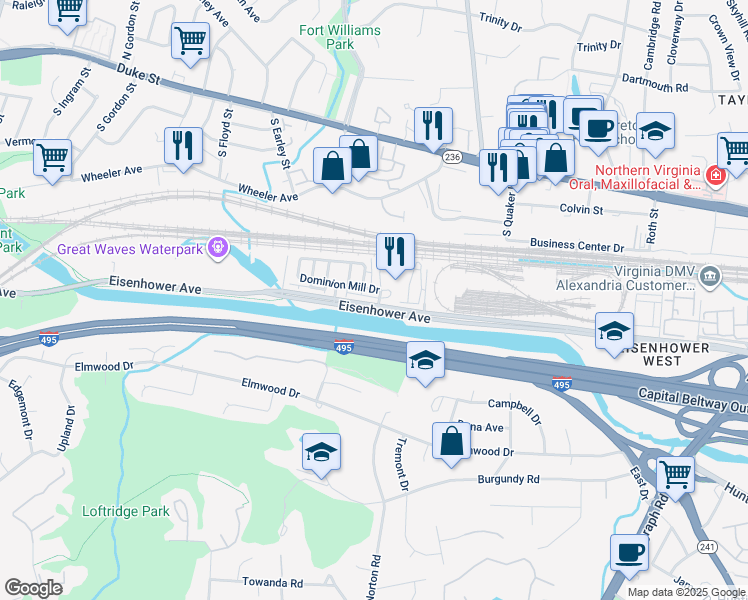 map of restaurants, bars, coffee shops, grocery stores, and more near 3801 Eisenhower Avenue in Alexandria