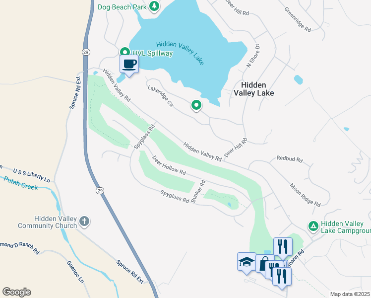 map of restaurants, bars, coffee shops, grocery stores, and more near 18579 Hidden Valley Road in Hidden Valley Lake