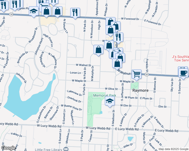 map of restaurants, bars, coffee shops, grocery stores, and more near 100 North Murphy Drive in Raymore