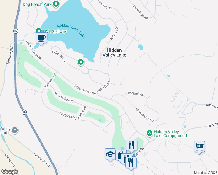 map of restaurants, bars, coffee shops, grocery stores, and more near 19448 Deer Hill Road in Hidden Valley Lake