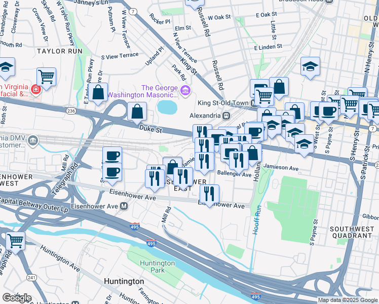 map of restaurants, bars, coffee shops, grocery stores, and more near 2105 Jamieson Avenue in Alexandria