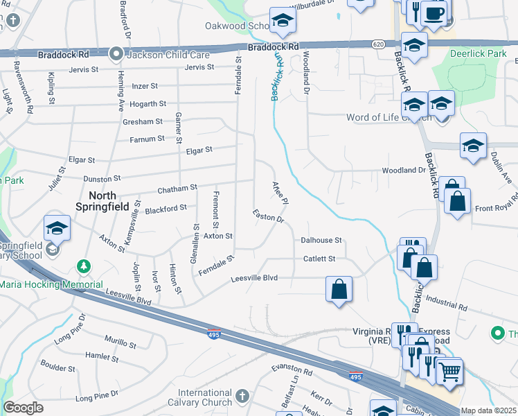 map of restaurants, bars, coffee shops, grocery stores, and more near 5418 Easton Drive in Springfield