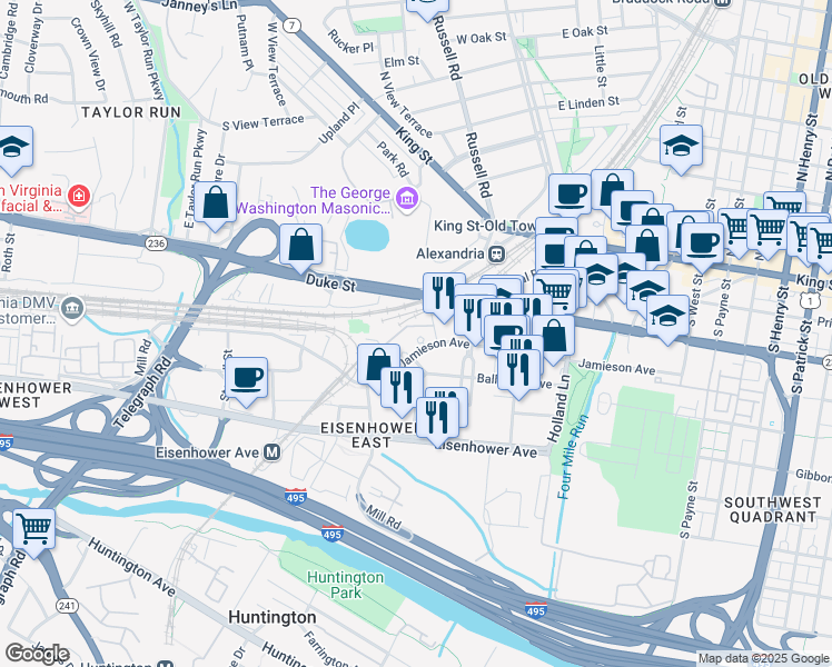 map of restaurants, bars, coffee shops, grocery stores, and more near 2121 Jamieson Avenue in Alexandria