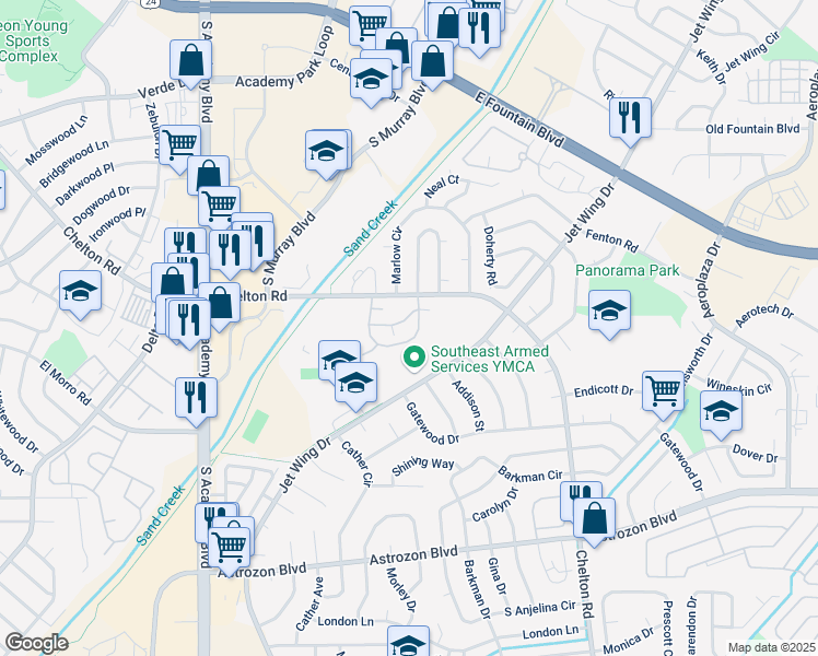 map of restaurants, bars, coffee shops, grocery stores, and more near 4365 Hawks Lookout Lane in Colorado Springs