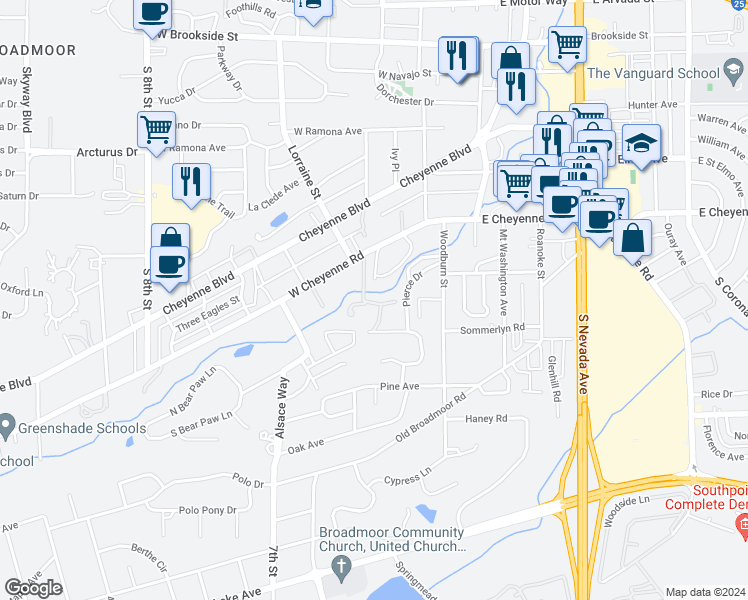 map of restaurants, bars, coffee shops, grocery stores, and more near 108 Creekside Lane in Colorado Springs