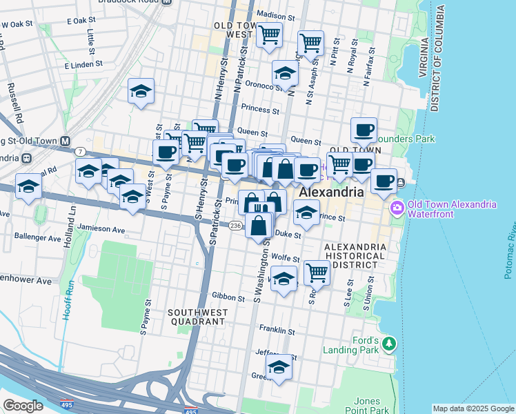map of restaurants, bars, coffee shops, grocery stores, and more near 706 Prince Street in Alexandria