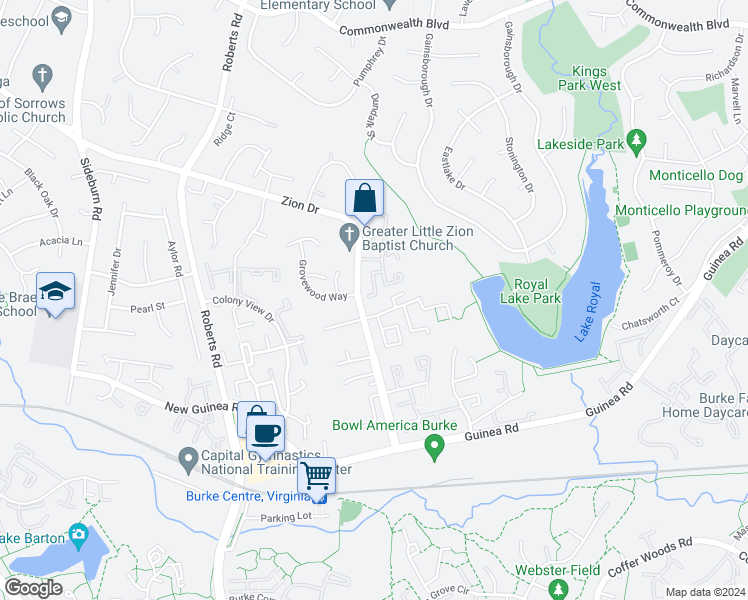 map of restaurants, bars, coffee shops, grocery stores, and more near 5428 Helm Court in Fairfax