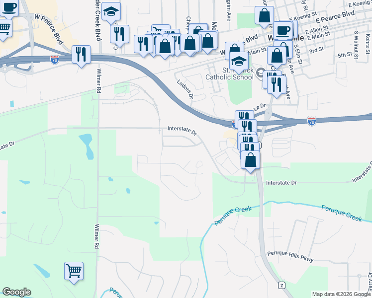 map of restaurants, bars, coffee shops, grocery stores, and more near 23 Ramblewood Court in Wentzville