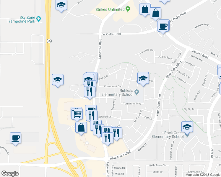 map of restaurants, bars, coffee shops, grocery stores, and more near 6432 Cormorant Circle in Rocklin