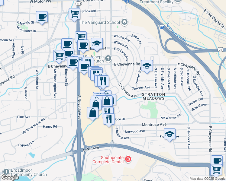 map of restaurants, bars, coffee shops, grocery stores, and more near 2041 Southgate Road in Colorado Springs