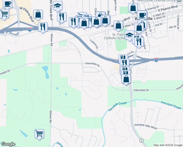 map of restaurants, bars, coffee shops, grocery stores, and more near 228 Cimarron Ridge Crossing in Wentzville