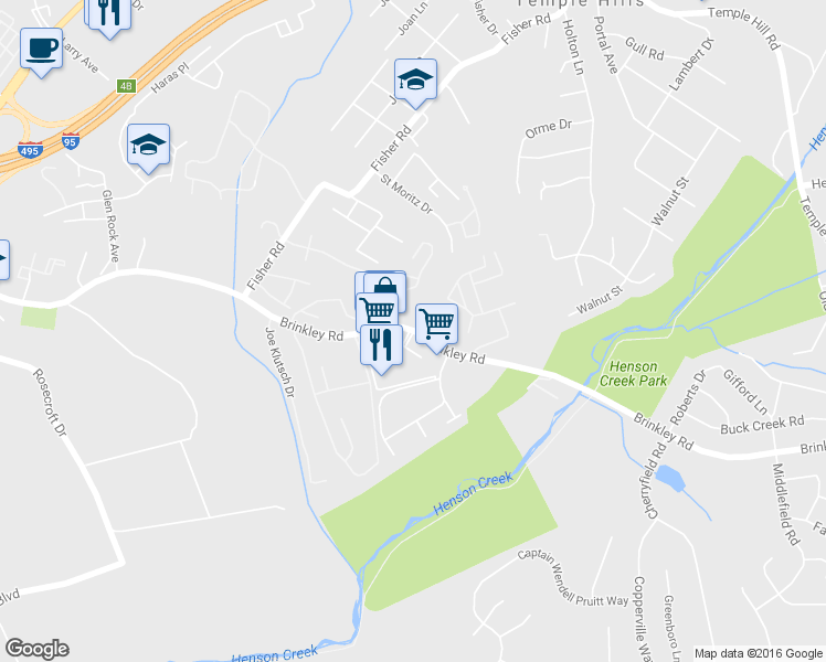 map of restaurants, bars, coffee shops, grocery stores, and more near 3285 Brinkley Rd in Temple Hills