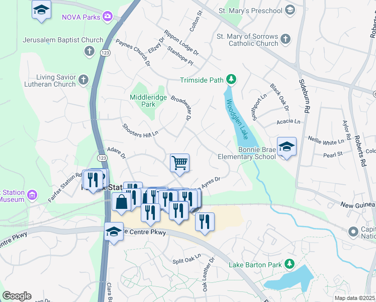 map of restaurants, bars, coffee shops, grocery stores, and more near 5509 Landmark Place in Fairfax