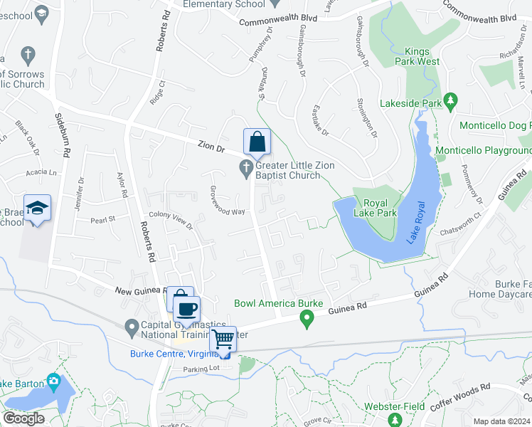 map of restaurants, bars, coffee shops, grocery stores, and more near 5424 Helm Court in Fairfax