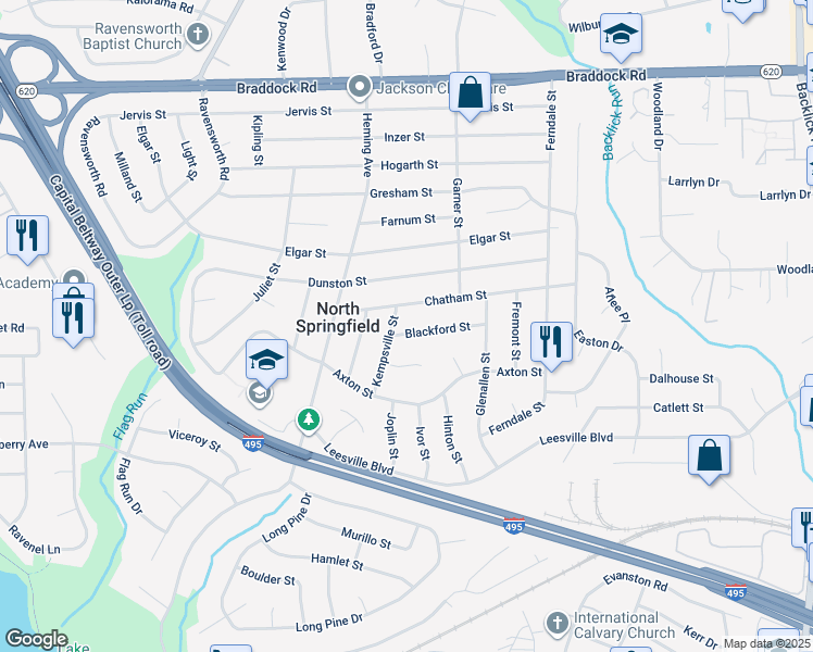 map of restaurants, bars, coffee shops, grocery stores, and more near 7420 Blackford Street in Springfield