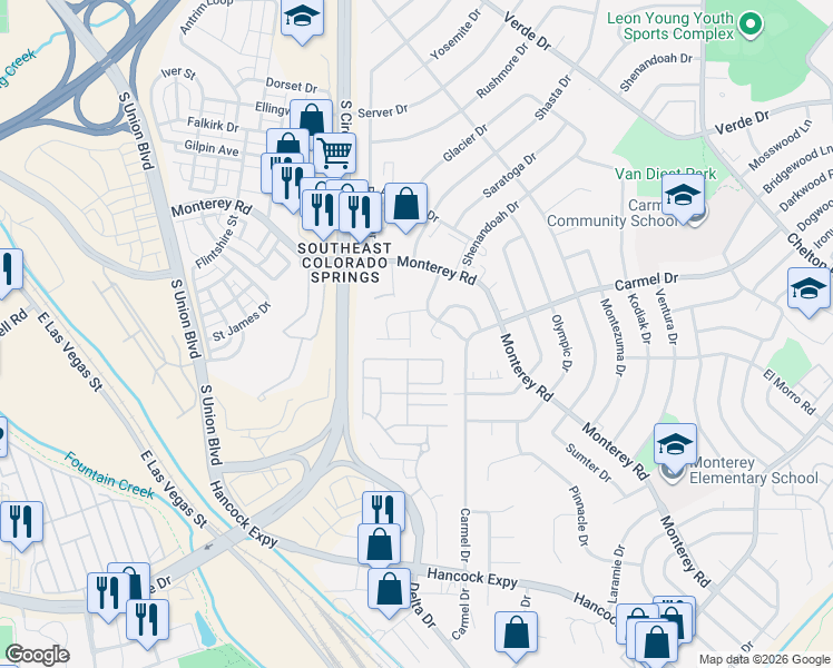 map of restaurants, bars, coffee shops, grocery stores, and more near 2062 Copper Creek Drive in Colorado Springs