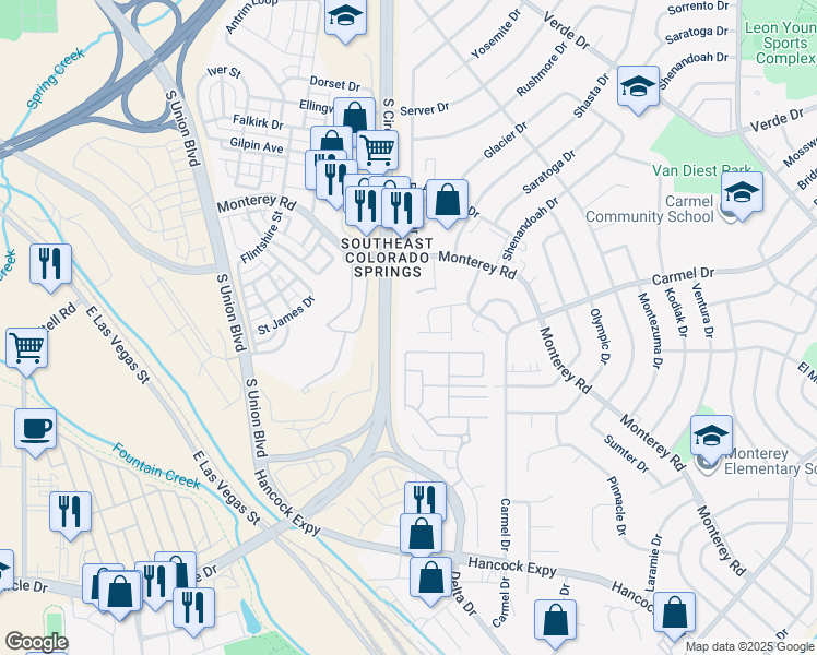 map of restaurants, bars, coffee shops, grocery stores, and more near 2018 Babbling Stream Heights in Colorado Springs