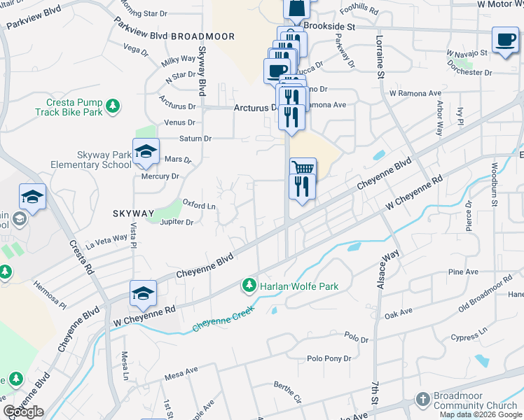 map of restaurants, bars, coffee shops, grocery stores, and more near 115 Wolfe Avenue in Colorado Springs