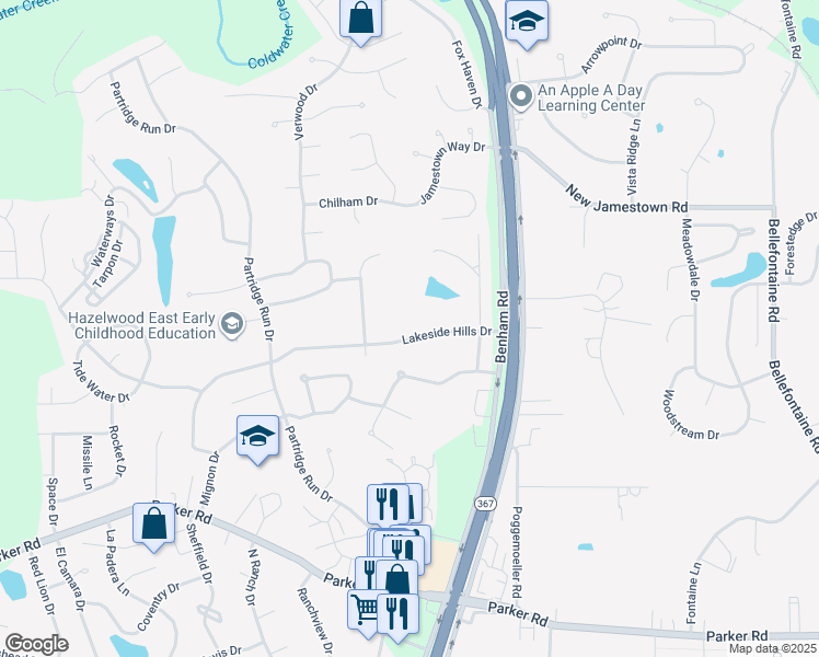 map of restaurants, bars, coffee shops, grocery stores, and more near 6900 Lakeside Hills Drive in Florissant