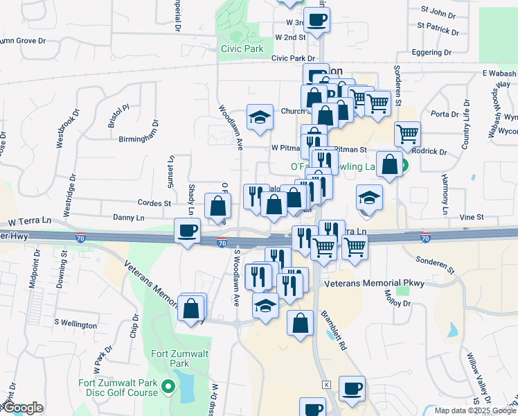 map of restaurants, bars, coffee shops, grocery stores, and more near 609 School Street in O'Fallon