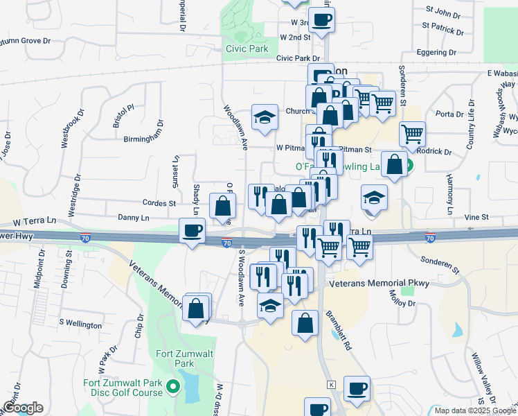 map of restaurants, bars, coffee shops, grocery stores, and more near 609 School Street in O'Fallon