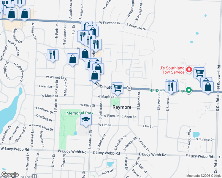 map of restaurants, bars, coffee shops, grocery stores, and more near 206 West Maple Street in Raymore