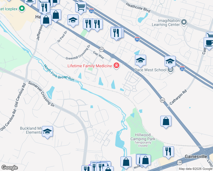 map of restaurants, bars, coffee shops, grocery stores, and more near 14627 Red House Road in Gainesville