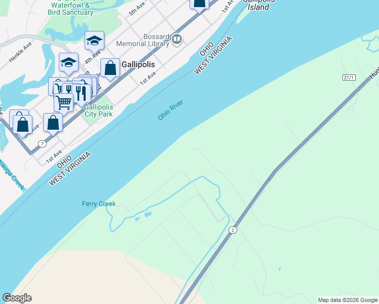 map of restaurants, bars, coffee shops, grocery stores, and more near 788 Mustang Drive in Gallipolis Ferry