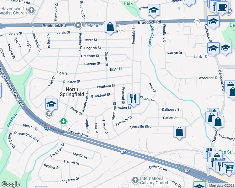map of restaurants, bars, coffee shops, grocery stores, and more near 5406 Glenallen Street in Springfield