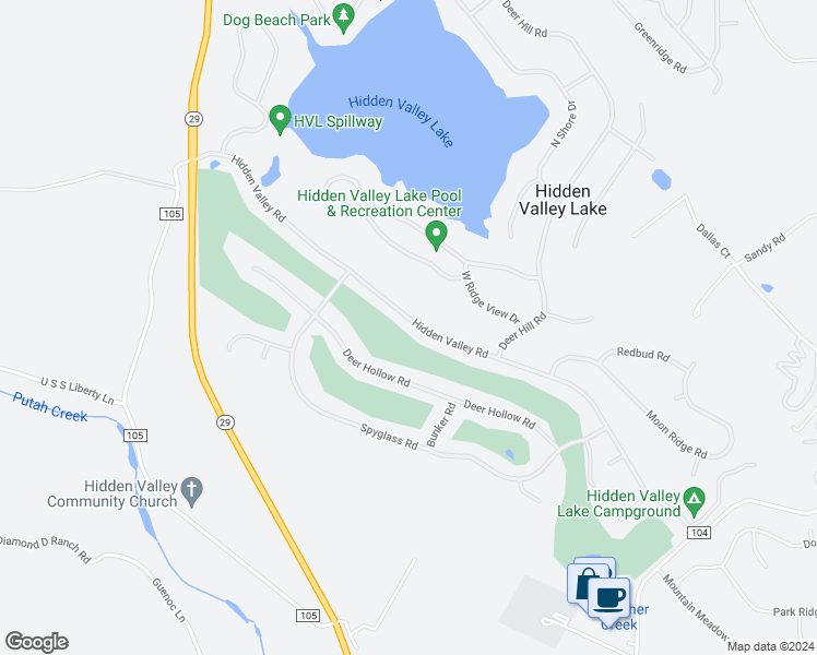 map of restaurants, bars, coffee shops, grocery stores, and more near 18565 Hidden Valley Road in Hidden Valley Lake