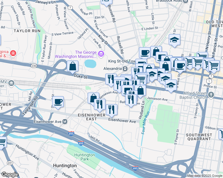 map of restaurants, bars, coffee shops, grocery stores, and more near 2051 Jamieson Avenue in Alexandria