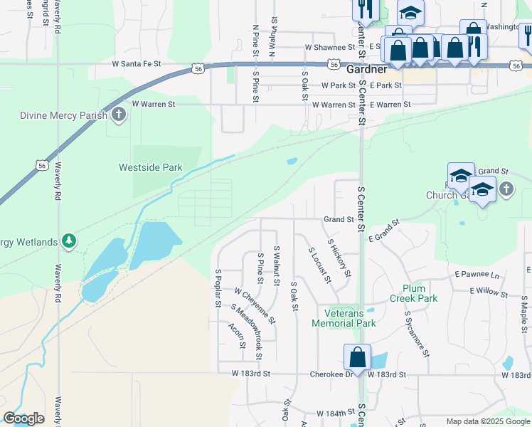 map of restaurants, bars, coffee shops, grocery stores, and more near 511 South Walnut Street in Gardner