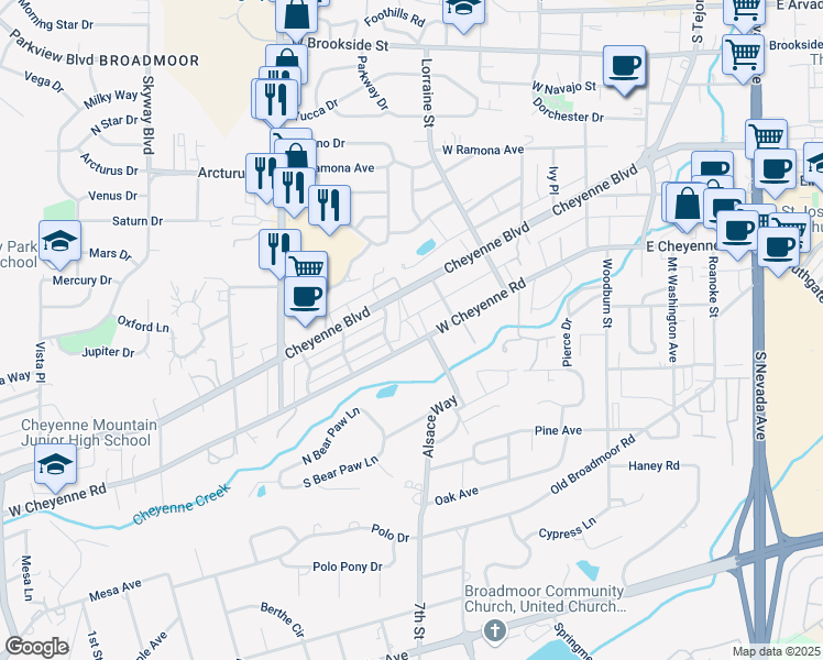 map of restaurants, bars, coffee shops, grocery stores, and more near 131 Beaver Avenue in Colorado Springs