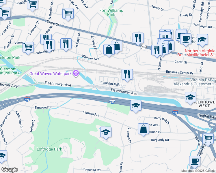 map of restaurants, bars, coffee shops, grocery stores, and more near 101 Cameron Parke Court in Alexandria