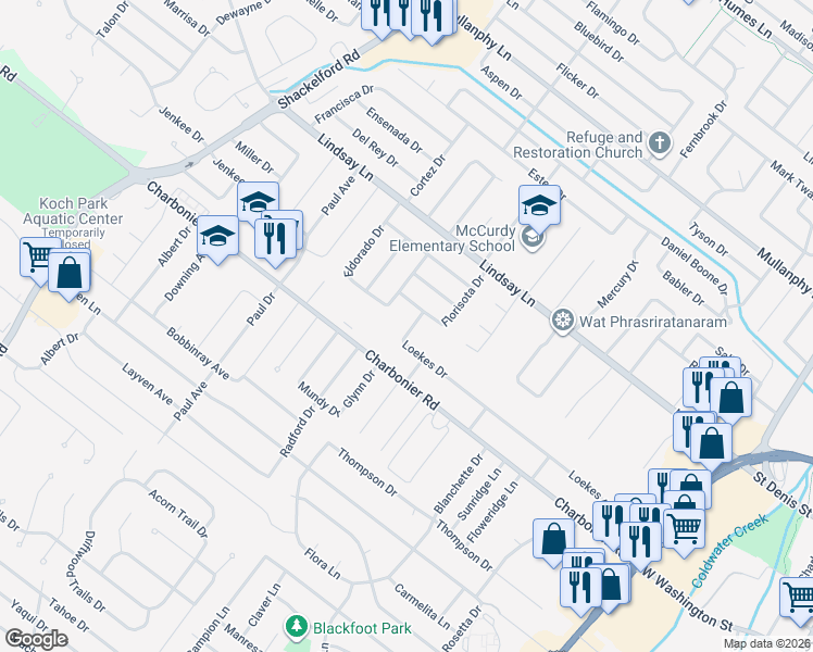 map of restaurants, bars, coffee shops, grocery stores, and more near 1012 Loekes Drive in Florissant